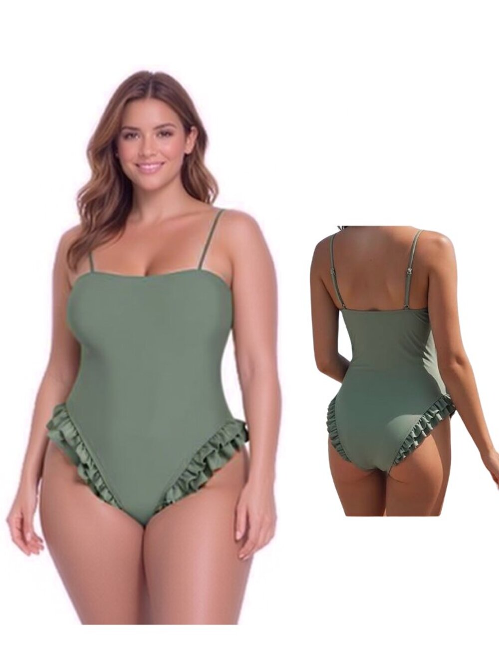 Large Olive Ruffle One Piece Swimsuit Square Neck Tummy Control Cheeky NWOT